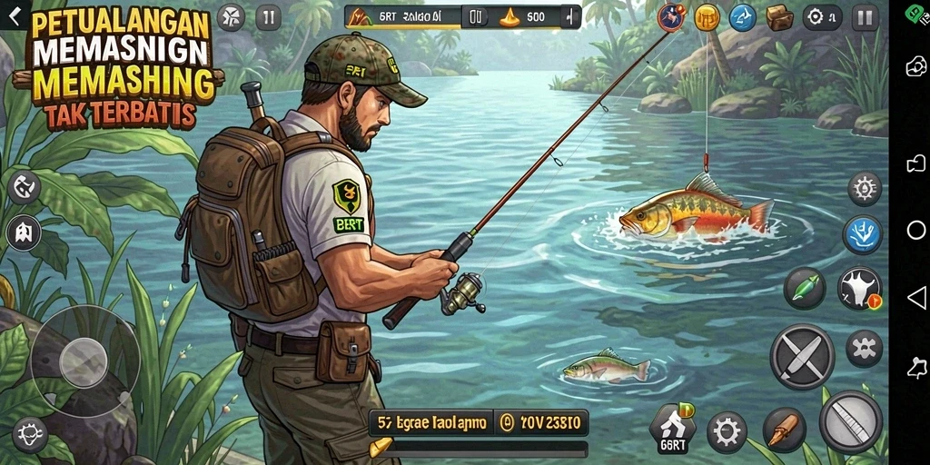 Tampilan gameplay 6RT saat menangkap ikan di danau.