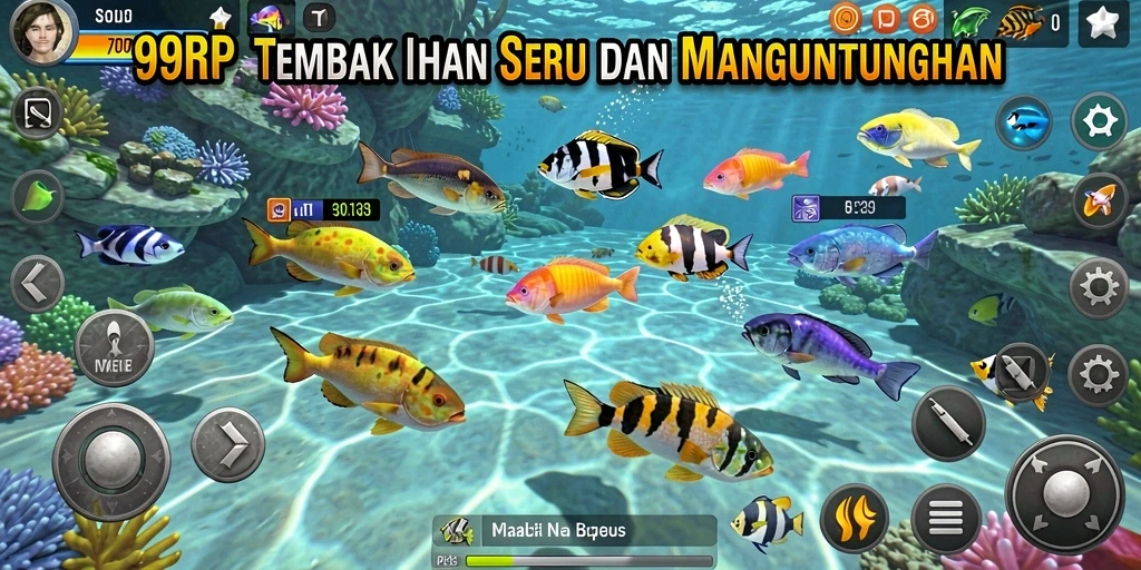 Screenshot gameplay seru 99RP dengan aksi menembak ikan.