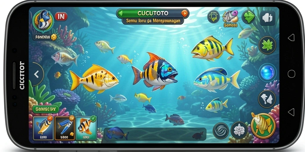 Tampilan menarik dari gameplay CUCUTOTO dengan berbagai ikan dan senjata.
