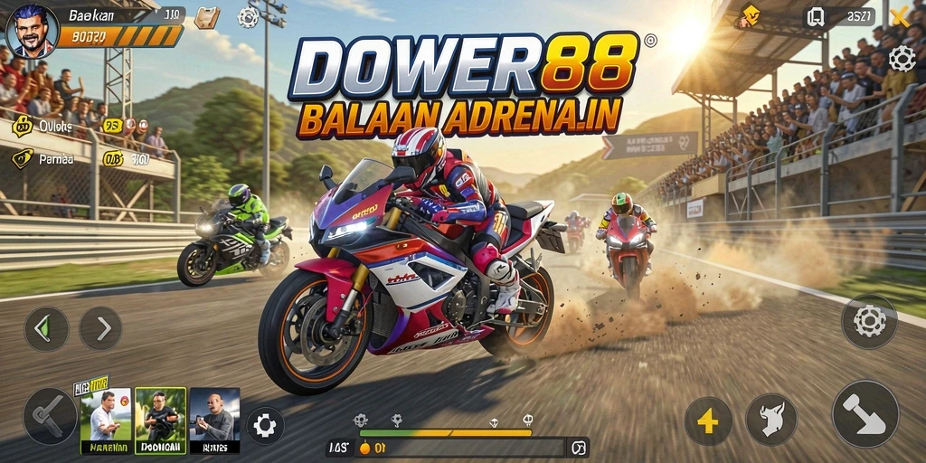 Tampilan gameplay DOWER88 dengan balapan motor yang intens.