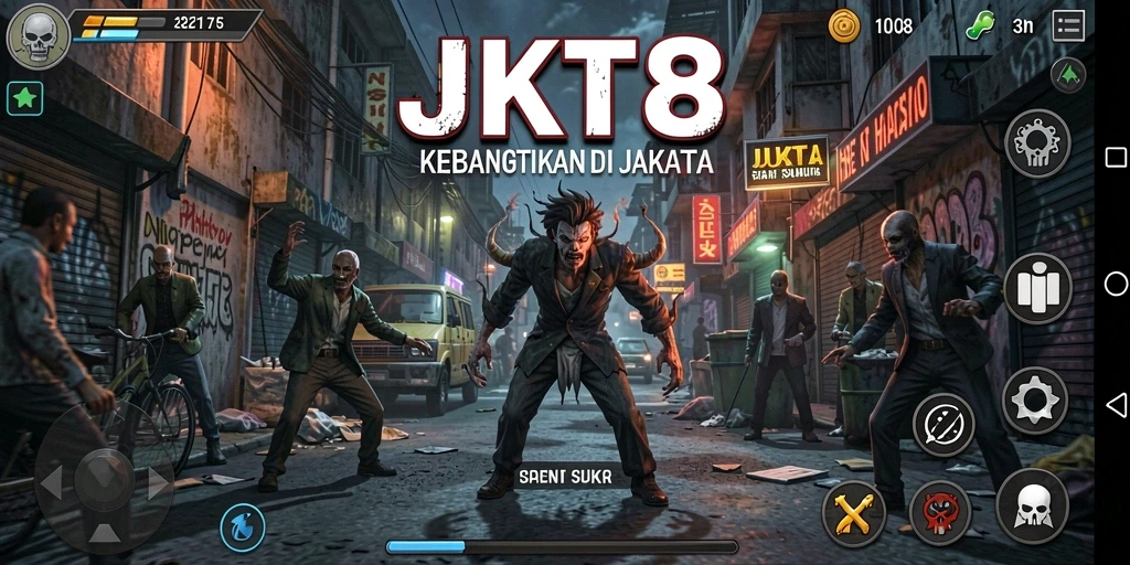 Tangkapan layar utama JKT8 menampilkan aksi menegangkan dalam atmosfer horror.