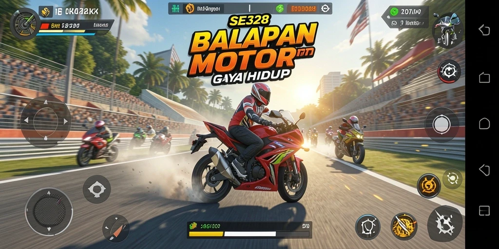 Gameplay seru SE328 dengan balapan motor mendebarkan.