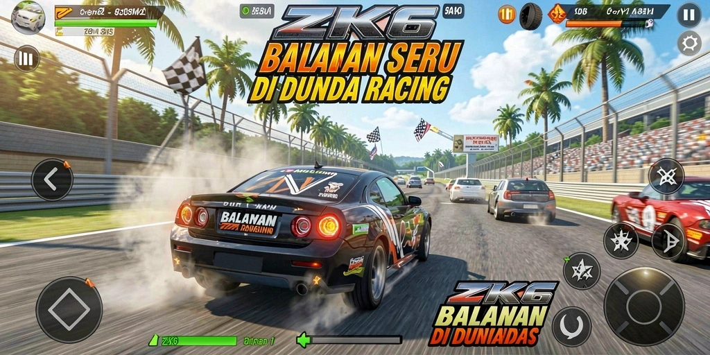 Gameplay ZK6 yang intens dengan mobil balap di trek yang menantang.